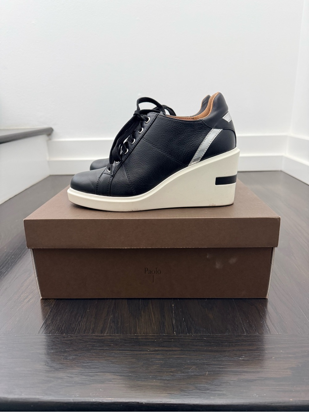 Paolo Black Leather Wedge Sneakers with White Platform